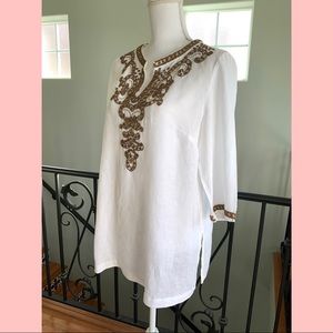 CHICO’S White Linen Beaded Boho Tunic Size 8 Petite
